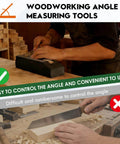 Woodworker using angle measuring tool for precision control vs hand sawing with difficulty.