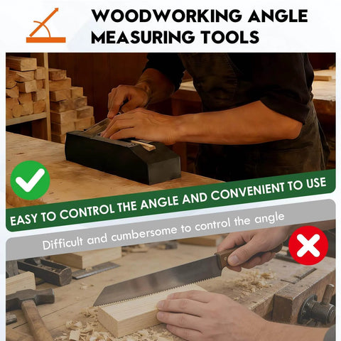 Woodworker using angle measuring tool for precision control vs hand sawing with difficulty.