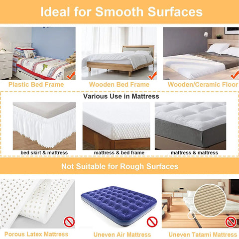 Non Slip Mattress Pad With Self Adhesive Hook And Loop Tape For Mattress Couch Rugs And Furniture Anti Slip Grip 11cm Wide By 3m Long Stronger Hook Side For A Tighter Fit And No Shifting shown on various bed frames and surfaces