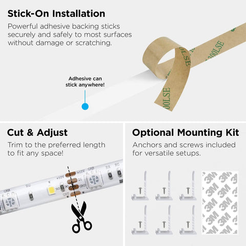 Installation options for Indoor Outdoor RGBIC Smart WiFi LED Strip With Voice Control And Music Sync, 16.4 Feet, showing adhesive, trim and mount.