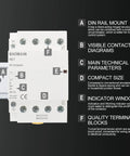 Heavy Duty 110V AC 4 Pole Contactor with Four Normally Open Contacts, 50A Rating, shown on DIN Rail Mount, side view