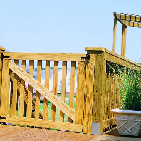 Wooden deck and railing enclosed by 2 Pack 4x4 Post Base Adjustable Stainless Steel Anchor For Concrete Decks And Railings