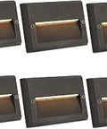 Set of six brown rectangular LED step lights with recessed design, suitable for outdoor use on stairs or pathways.