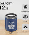 Custom Printed Stainless Steel Tumbler 12 Oz Travel Coffee Cup Double Wall Insulated Mug With Lid And Straw Bulk Fresh Custom Look For On The Go Hydration Squad Made In Usa on wooden surface with measurements.