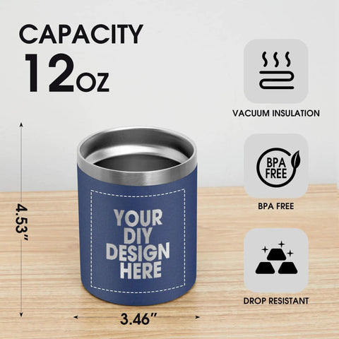 Custom Printed Stainless Steel Tumbler 12 Oz Travel Coffee Cup Double Wall Insulated Mug With Lid And Straw Bulk Fresh Custom Look For On The Go Hydration Squad Made In Usa on wooden surface with measurements.