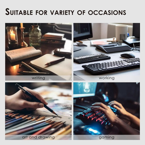 Collage showing a variety of occasions including writing, working at desk, art and drawing, and gaming with suitable accessories.