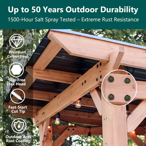 40 Piece Heavy Duty Timber Screws Ten Inch Self Drilling Exterior Lag Screws With Hex Socket shown in wood frame construction.