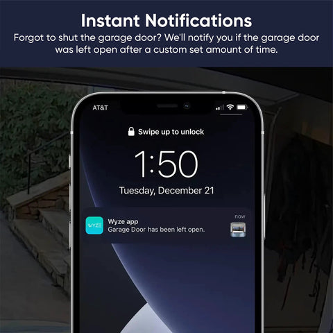 Smart Garage Door Opener With Built In 1080P Video, showing phone alert "Garage Door has been left open" from Wyze app.