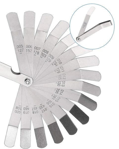 32-blade stainless steel feeler gauge set with dual metric and SAE markings, blades fanned in a circular layout