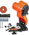 Tough Electric Chainsaw Sharpener Bench Mounted Eighty Five Watt Motor Spins Up To Five Thousand Rpm With Dual Grinding Discs equipment on a workbench.