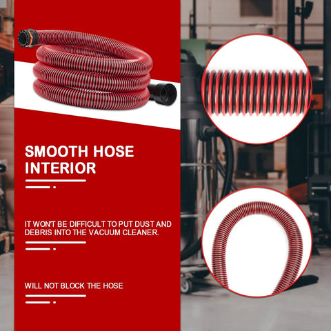 Coiled red 10 Ft Shop Vac Hose With 6 Adapters, Fits 1-1/4 Inch Vacuum Hose, Universal 0.9 To 1.75 Inch Fittings in a workshop