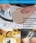 Heat Press Pillow Bundle Tools Kit with iron and tape on shirt, showcasing heat resistant tape usage