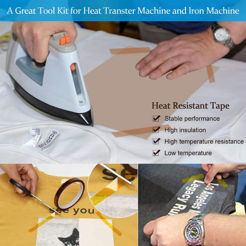 Heat Press Pillow Bundle Tools Kit with iron and tape on shirt, showcasing heat resistant tape usage