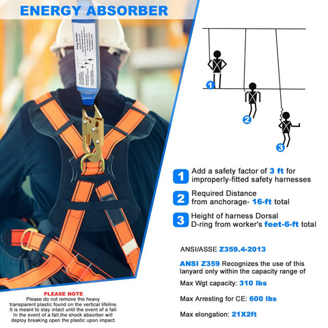 Instructional image showing energy absorber for 50 Ft Vertical Lifeline System With Dual Rope Grab Hooks and Shock Absorber in use.