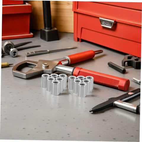 Beaupretty Heavy Duty Extended Round Stainless Steel Coupling Nuts For M8 And M6 Threaded Rods, 20 Pack on workbench beside tools.