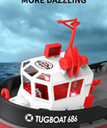 Realistic 1/72 Proportional RC Tug Boat With 2 4G Waterproof Remote Control for pool and lake play, LED lights, on water surface.