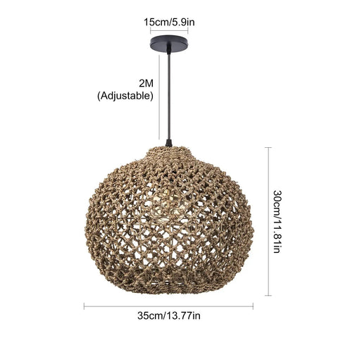One Light Rattan Woven Pendant Light Fixture With Handwoven Lampshade Handmade Ceiling Chandelier, 13.7 Inch Seagrass Shade