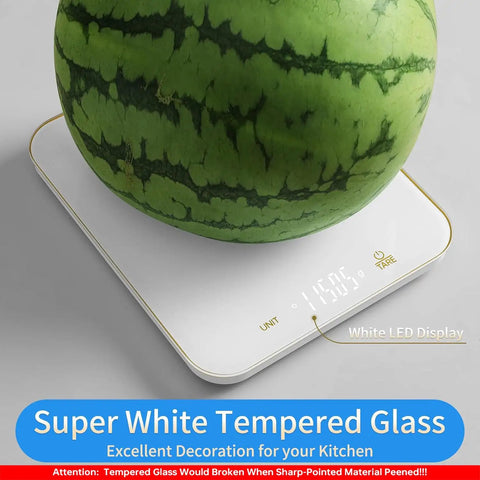 Close-up of a watermelon on a Digital Food Scale 33Lb Capacity With 1g Increments Ultra Precise Kitchen Scale on white surface