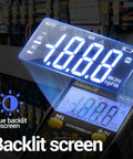 Digital multimeter showing backlit screen with DC AC measurement for all-in-one DIY friendly use in automotive and home projects.