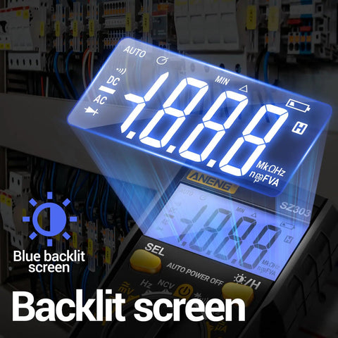Digital multimeter showing backlit screen with DC AC measurement for all-in-one DIY friendly use in automotive and home projects.