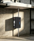 Bulletproof 3000W Tankless Water Heater With LCD Screen installed under sink, displaying digital temperature settings for instant hot water.