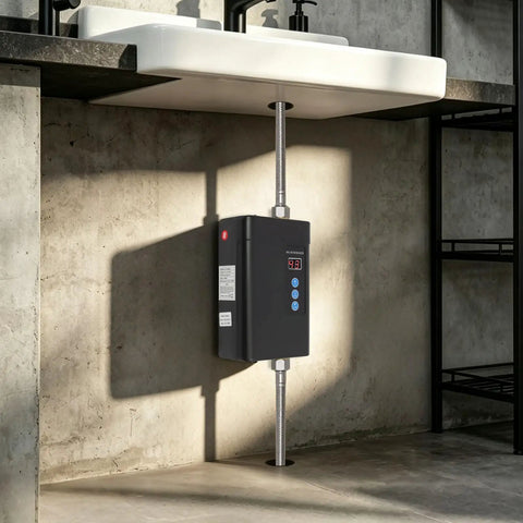 Bulletproof 3000W Tankless Water Heater With LCD Screen installed under sink, displaying digital temperature settings for instant hot water.
