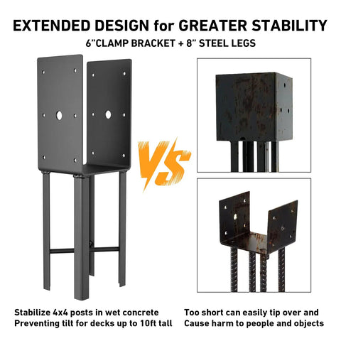 Comparison showing 4x4 post anchor with 6" clamp and 8" steel legs for wet concrete vs shorter unstable spike
