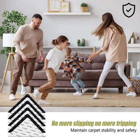 Family playing on carpet secured by Ultra Thin Non Slip Rug Tape For Hardwood Floors, Double Sided Adhesive Rug Stickers by the couch.