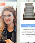 Top Shelf Walnut Wooden Sunglasses Tray With Silky Gray Velvet Liner, Roomy Seven Slot Eyewear Display Rack on a wooden surface.