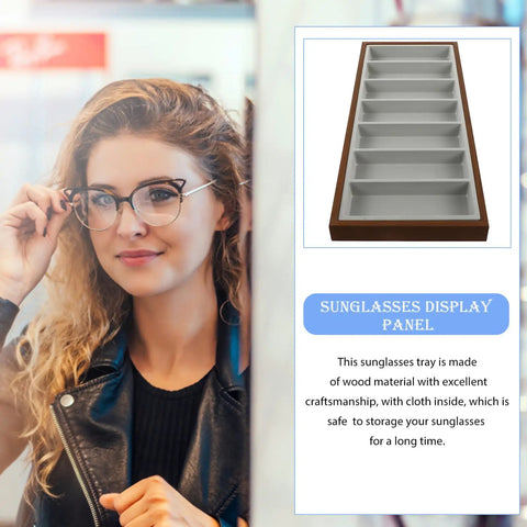 Top Shelf Walnut Wooden Sunglasses Tray With Silky Gray Velvet Liner, Roomy Seven Slot Eyewear Display Rack on a wooden surface.