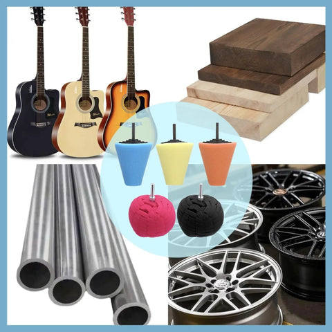 5 Piece Aluminum Polishing Kit with foam sponge balls, aluminum tubes, car rims, wooden planks, and guitars