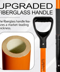Close-up of Heavy Duty Garden Pitch Fork 45-inch fiberglass handle, showcasing internal thickness and ergonomic grip.