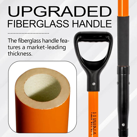 Close-up of Heavy Duty Garden Pitch Fork 45-inch fiberglass handle, showcasing internal thickness and ergonomic grip.