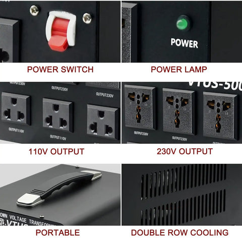 High Power 3000 Watt Voltage Transformer Converter with power switch, power lamp, 110V and 230V outputs, and cooling vents