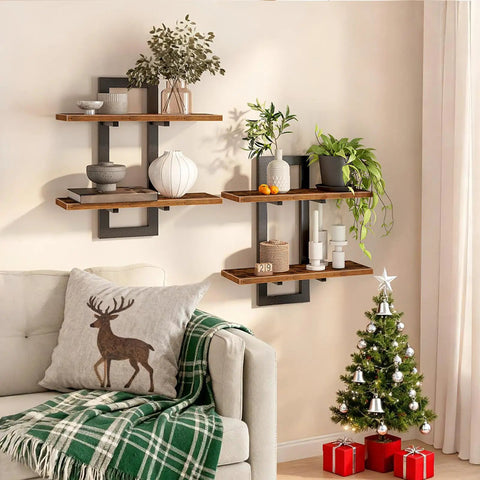 Heavy Duty Floating Wall Shelves 15 Inch 2 Tier Set 2 Rustic Brown Black mounted in living room with decor and greenery.