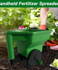 Handheld Spreader For Grass Seed Fertilizer Salt Ice Melt With Ergonomic Handle And Precise Distribution in garden setting