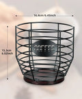 Large Capacity Black Wire Coffee Pod Holder With Wooden Base, Modern Basket Style For Keurig, Dolce Gusto, VertuoLine And Nestle Original Pods, Convenient Kitchen Counter Organizer For Pods And Snacks, front view