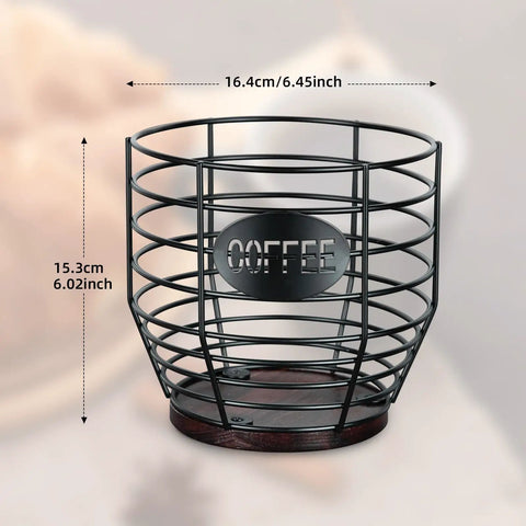 Large Capacity Black Wire Coffee Pod Holder With Wooden Base, Modern Basket Style For Keurig, Dolce Gusto, VertuoLine And Nestle Original Pods, Convenient Kitchen Counter Organizer For Pods And Snacks, front view