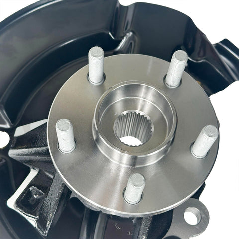 Close-up of front left wheel bearing hub and steering knuckle assembly for Ford Escape 2013-2019 driver side replacement