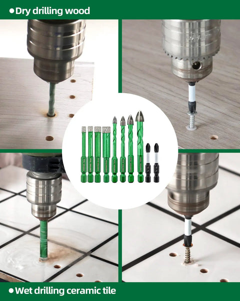 Top Tier Diamond Drill Bit Kit With Quick Fit Hex Shank And Ph2 Screwdriver Bits For Cruising Through Ceramic Tile Porcelain Granite And Marble Like A Boss In 12 Piece with drilling in wood and tile.