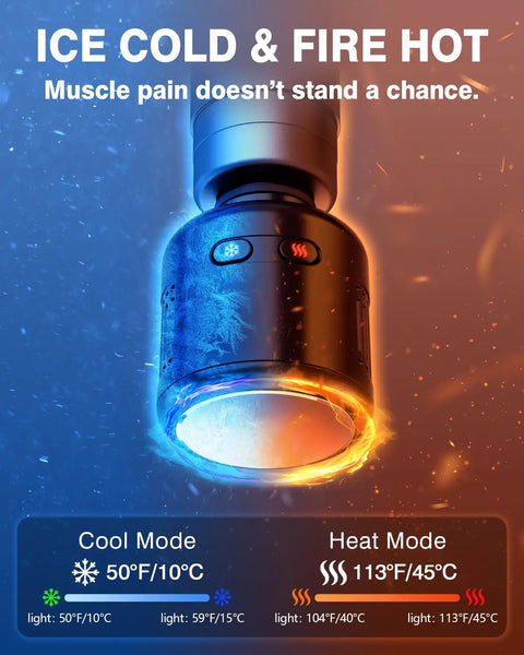 Mini Massage Gun With Heat And Cold Therapy For Deep Tissue Muscle Relief demonstrating cool and heat modes.