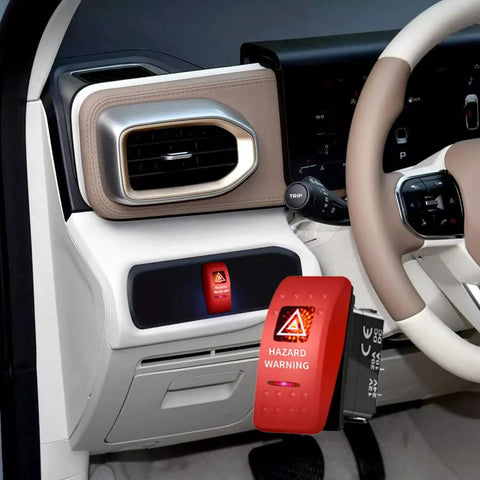 LED Hazard Warning Rocker Switch 5 Pin SPST 12V On Off Emergency Stop Switch With Red Cover installed in vehicle dash