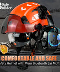 Orange Safety Helmet With Visor And Bluetooth Ear Muffs SNR 26dB Hard Hat With Ventilated Shell And Clear Plus Tinted Visors ANSI Z89.1 Compliant Six Point Suspension Adjustable Head Fit From 53 To 63 Cm