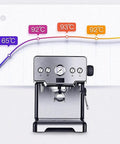 1.7L Semi Automatic Espresso Coffee Maker For Home And Office with temperature graph, stainless steel, front view.