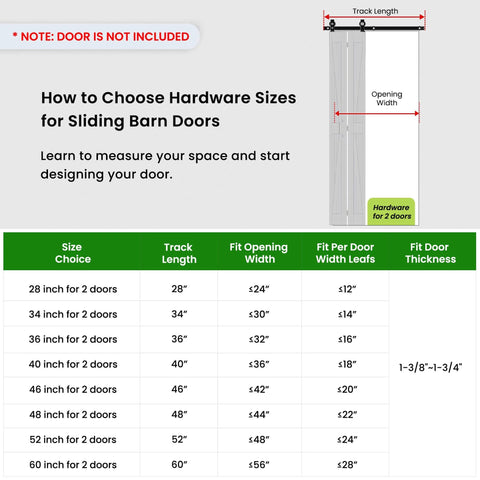 How to choose hardware sizes for sliding barn doors, chart with track length, opening width, and door thickness for 40 inch bifold sliding barn door hardware kit for double 18 inch doors, top mount bi folding track set, smooth quiet glide, black finish, ideal for closets, pantries, laundry rooms, and small spaces.