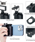 Compact Phone Camera Grip Handle With Tripod Mount Remote Shutter And Cold Shoe Adapter for iPhone showcasing features.