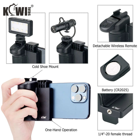 Compact Phone Camera Grip Handle With Tripod Mount Remote Shutter And Cold Shoe Adapter for iPhone showcasing features.
