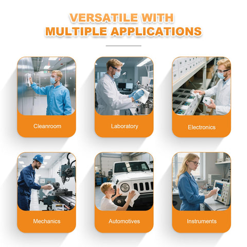 Versatile applications of Ultra Absorbent Microfiber Wipes 6x6 Inches, used in cleanroom, laboratory, electronics, mechanics, automotive, instruments.