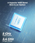 Dual-Band WiFi chip illustrating faster 5GHz speed and longer 2.4GHz range for Argus PT Solar Battery Camera with Pan Tilt