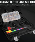 Rivet Nut Tool Kit 16 Inch With Toolless Head Change Includes 12 Metric And SAE Mandrels And 176 Piece Rivet Nut Assortment in open storage case